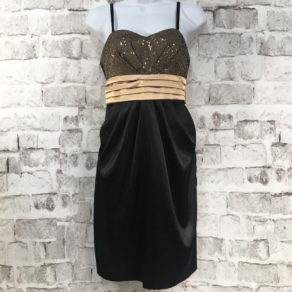 Studio Y Women's Dress Size S Black Satin Gold Sequin Sash